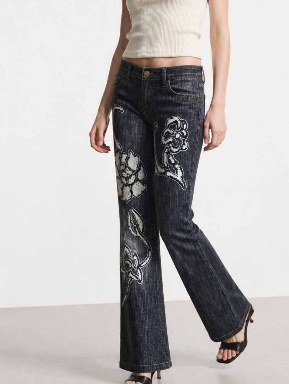 Y2K Shendel France Floral Appliqué Flare Jeans 38 Indigo